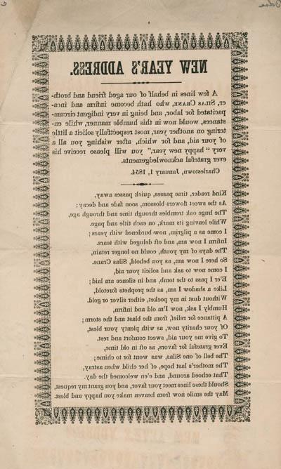 New Year’s Address: A few lines in behalf of our aged friend and brother, Silas Crane, who hath become infirm and incapacitated for labor ... Broadside