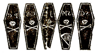 Coffins, with skulls and crossbones and initials of those slain in Massacre